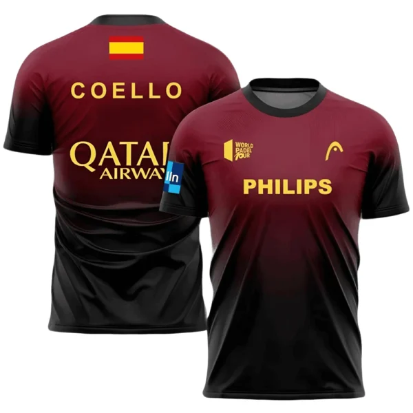Camiseta Arturo Coello · World Padel Tour, granate y negra