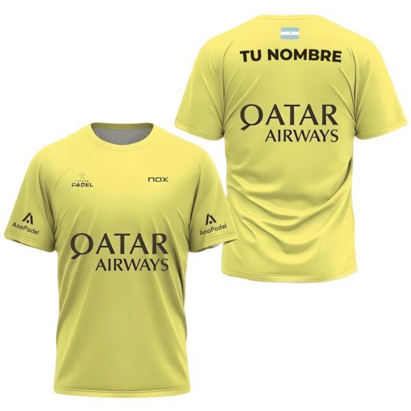 Camiseta de pádel de Agustín Tapia personalizada, color amarilla 2024, delante y detrás con «TU NOMBRE»