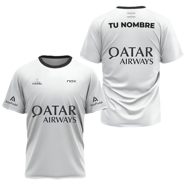 Camiseta de pádel de Agustín Tapia personalizada, color blanca 2024, delante y detrás con «TU NOMBRE»