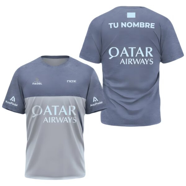 Camiseta de pádel de Agustín Tapia personalizada, color gris y azul 2024, delante y detrás con «TU NOMBRE»