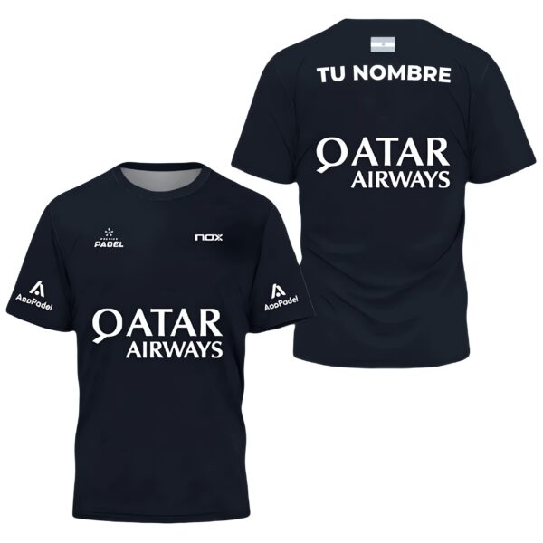 Camiseta de pádel de Agustín Tapia personalizada, color negra 2024, delante y detrás con «TU NOMBRE»