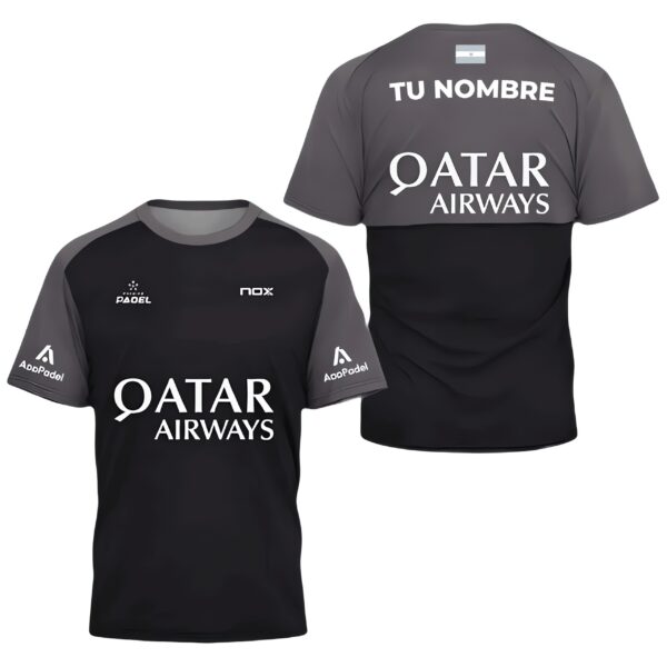 Camiseta de pádel de Agustín Tapia personalizada, color negra y gris 2024, delante y detrás con «TU NOMBRE»
