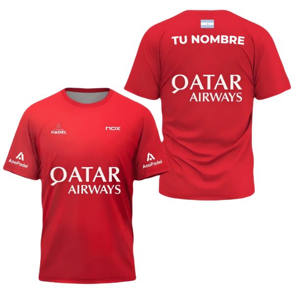 Camiseta de pádel de Agustín Tapia personalizada, color roja 2024, delante y detrás con «TU NOMBRE»