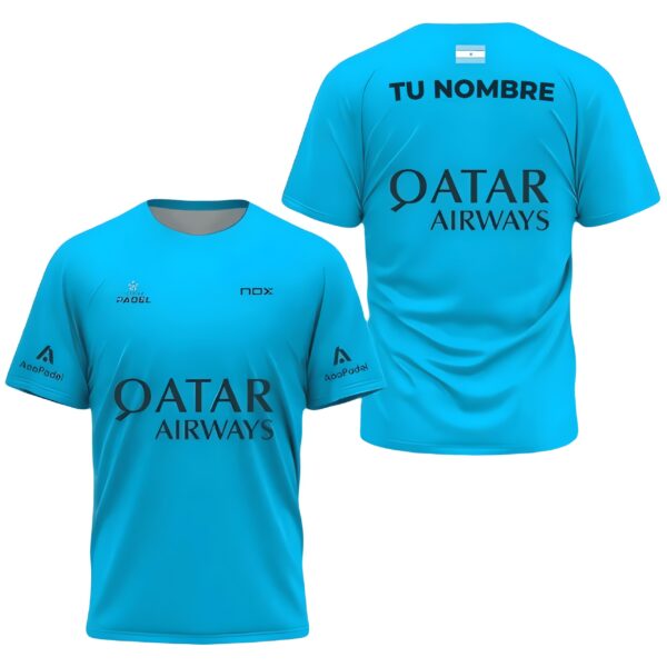 Camiseta de pádel de Agustín Tapia personalizada, color turquesa 2024, delante y detrás con «TU NOMBRE»