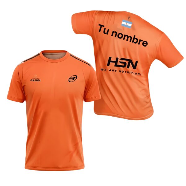 Camiseta de pádel de Federico Chingotto personalizada, color naranja 2024, delante y detrás con «TU NOMBRE» Camiseta de pádel de Federico Chingotto personalizada, color naranja 2024, delante y detrás con «TU NOMBRE»