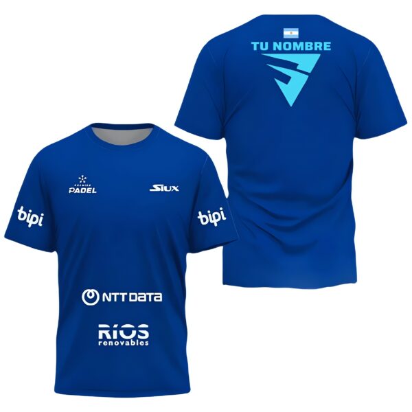 Camiseta de pádel de Franco Stupaczuk personalizada, color azul 2024, delante y detrás con «TU NOMBRE»