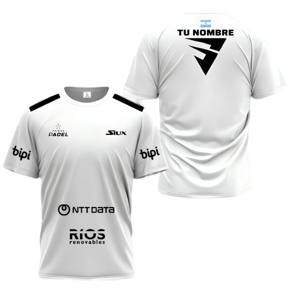Camiseta de pádel de Franco Stupaczuk personalizada, color blanca 2024, delante y detrás con «TU NOMBRE»