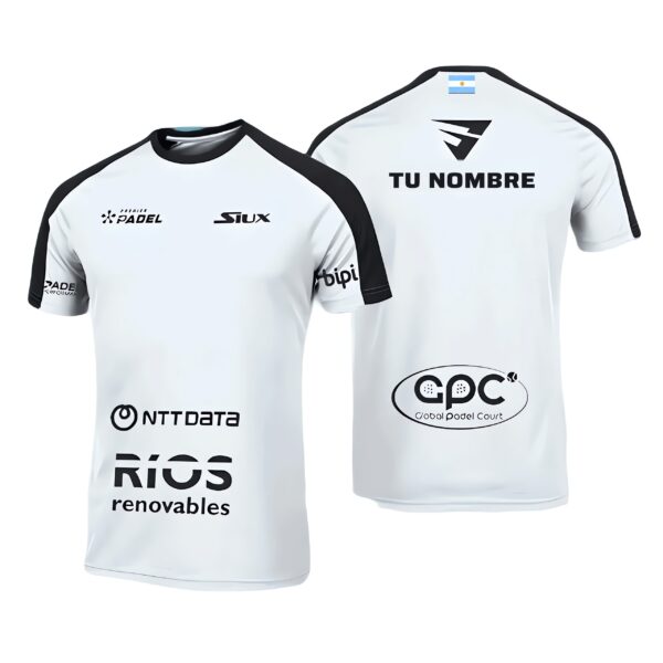 Camiseta de pádel de Franco Stupaczuk personalizada, color blanca y negra 2024, delante y detrás con «TU NOMBRE»