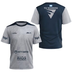 Camiseta de pádel de Franco Stupaczuk personalizada, color gris y azul 2024, delante y detrás con «TU NOMBRE» Camiseta de pádel de Franco Stupaczuk personalizada, color gris y azul 2024, delante y detrás con «TU NOMBRE»