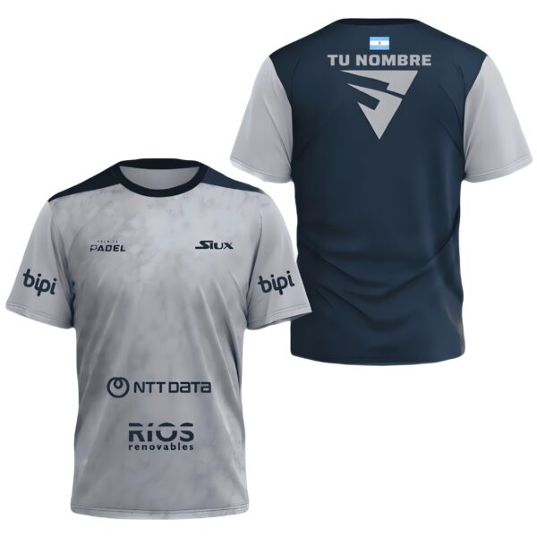 Camiseta de pádel de Franco Stupaczuk personalizada, color gris y azul 2024, delante y detrás con «TU NOMBRE»