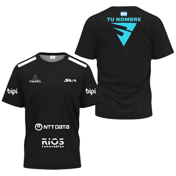 Camiseta de pádel de Franco Stupaczuk personalizada, color negra 2024, delante y detrás con «TU NOMBRE»