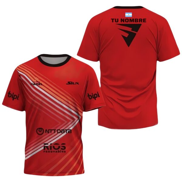 Camiseta de pádel de Franco Stupaczuk personalizada, color roja y naranja 2024, delante y detrás con «TU NOMBRE»