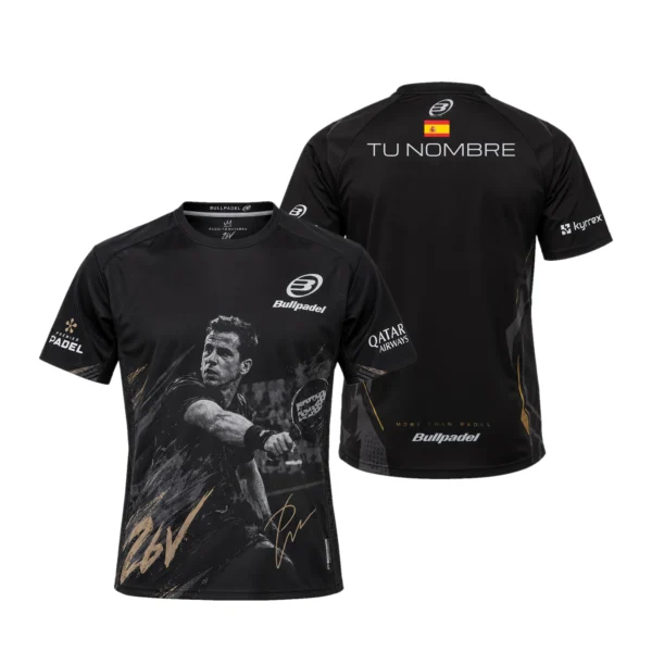 Camiseta Paquito Navarro Personalizada, color Negra y dorada, vista delantera y trasera