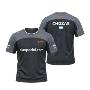 Camiseta Álex Chozas Premier Padel, color Gris y negra, vista delantera y trasera Camiseta Álex Chozas Premier Padel, color Gris y negra, vista delantera y trasera