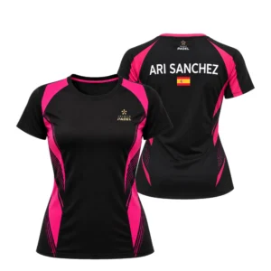 Camiseta Ari Sánchez Premier Padel, color Negra y rosa, vista delantera y trasera Camiseta Ari Sánchez Premier Padel, color Negra y rosa, vista delantera y trasera