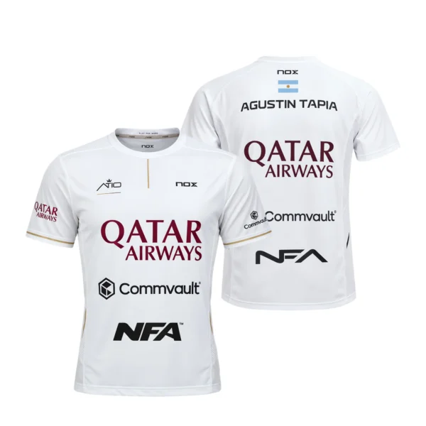 Camiseta Agustín Tapia Premier Padel, color Blanca 2026, vista delantera y trasera