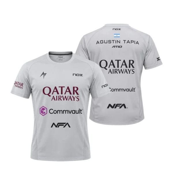 Camiseta Agustín Tapia Premier Padel, color Gris 2026, vista delantera y trasera