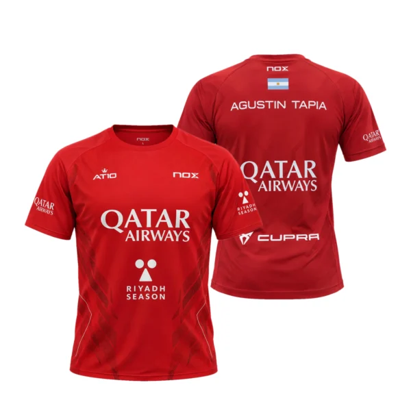 Camiseta Agustín Tapia Premier Padel, color Roja 2026, vista delantera y trasera