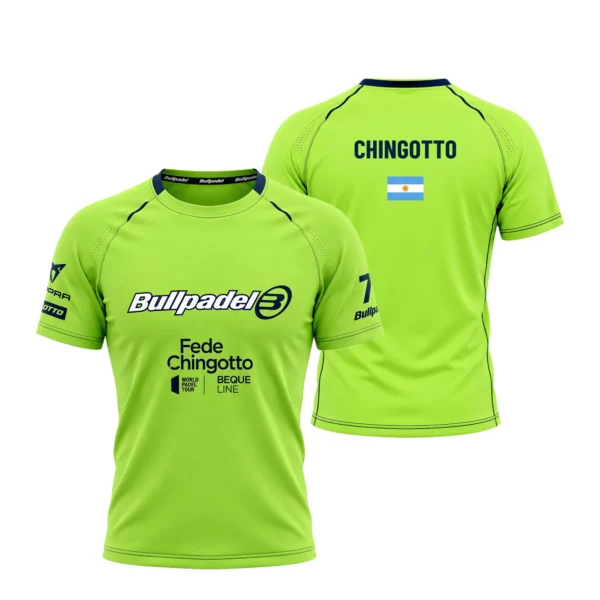 Camiseta Federico Chingotto Premier Padel, color Lima, vista delantera y trasera