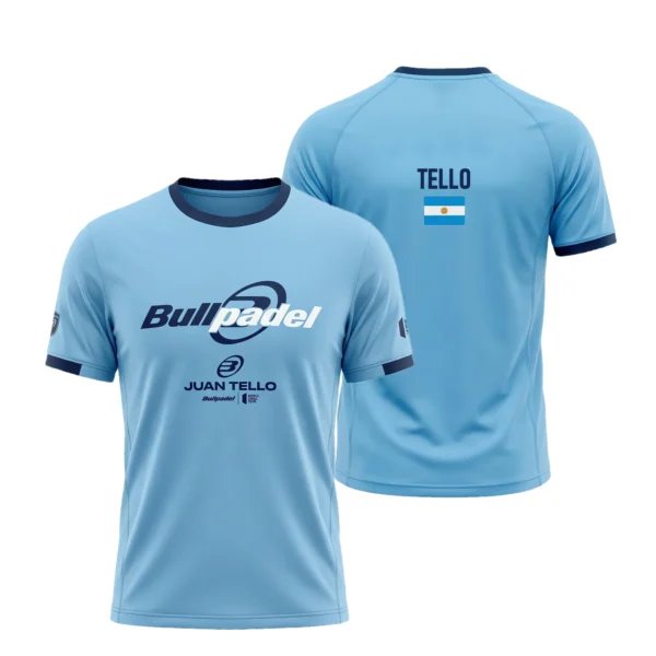 Camiseta Juan Tello Premier Padel, color Celeste, vista delantera y trasera