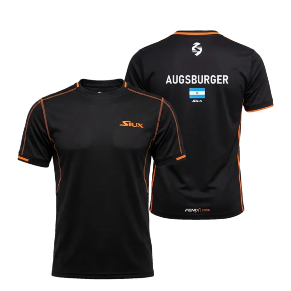 Camiseta Leo Augsburger Premier Padel, color Negra, vista delantera y trasera Camiseta Leo Augsburger Premier Padel, color Negra, vista delantera y trasera