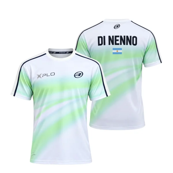 Camiseta Martín Di Nenno Premier Padel, color Blanca y verde, vista delantera y trasera