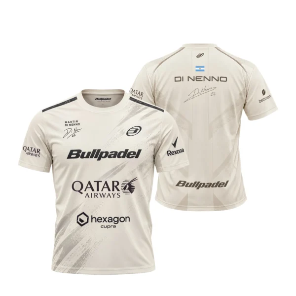 Camiseta Martín Di Nenno Premier Padel, color Hueso, vista delantera y trasera