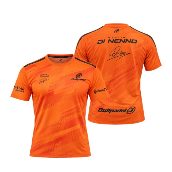 Camiseta Martín Di Nenno Premier Padel, color Mandarina, vista delantera y trasera