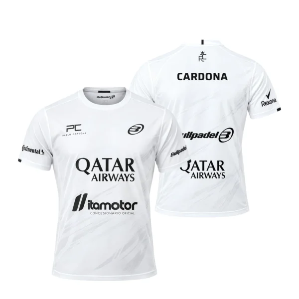 Camiseta Pablo Cardona Premier Padel, color Blanca, vista delantera y trasera Camiseta Pablo Cardona Premier Padel, color Blanca, vista delantera y trasera