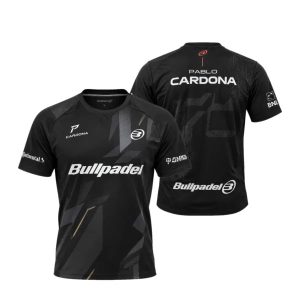 Camiseta Pablo Cardona Premier Padel, color Negra, vista delantera y trasera Camiseta Pablo Cardona Premier Padel, color Negra, vista delantera y trasera