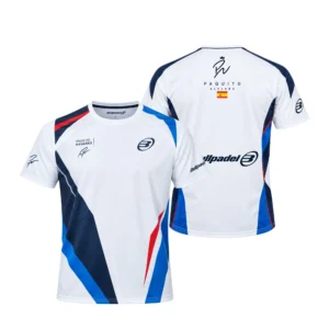 Camiseta Paquito Navarro Premier Padel, color Blanca y azul, vista delantera y trasera Camiseta Paquito Navarro Premier Padel, color Blanca y azul, vista delantera y trasera