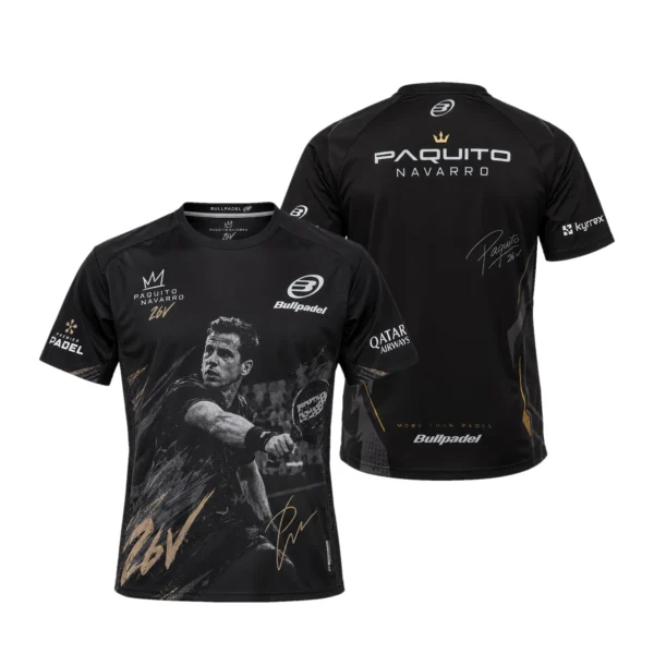 Camiseta Paquito Navarro Premier Padel, color Negra y dorada, vista delantera y trasera Camiseta Paquito Navarro Premier Padel, color Negra y dorada, vista delantera y trasera